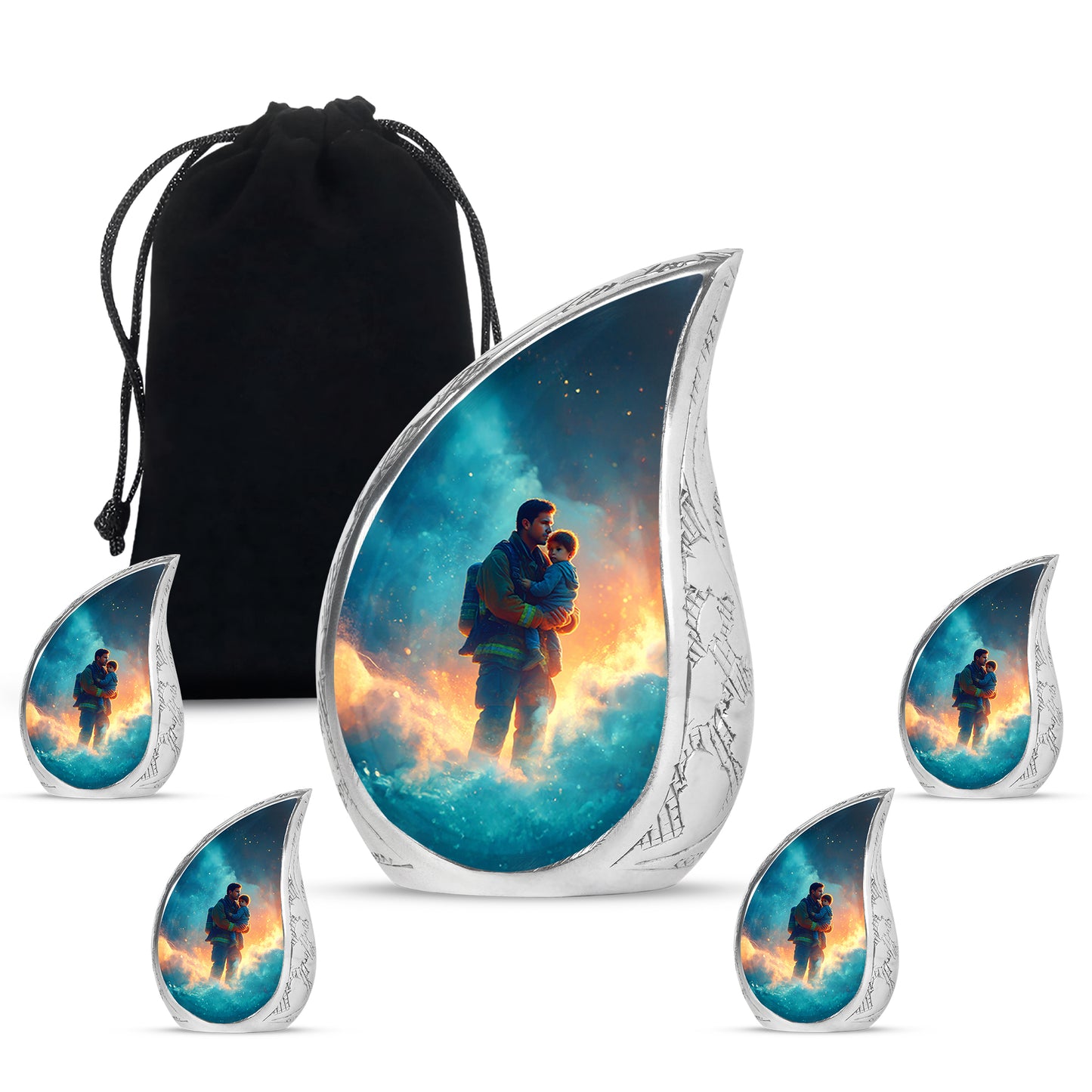 Icy Blue Firefighter Cremation Urn side profile showing urn shape - rounded teardrop firefighter design with delicate detail - memorial set with one large and four small urns