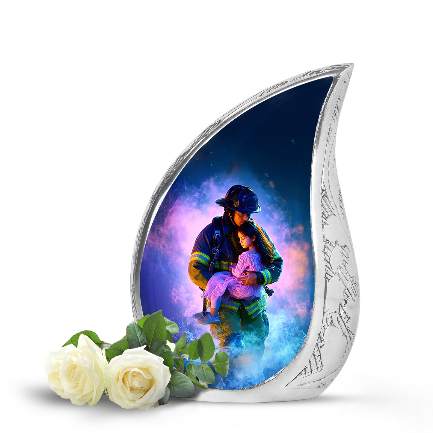 Blue Beloved Firefighter Cremation Urns for Human Ashes - 10-inch, 200 cu in - Yatskia
