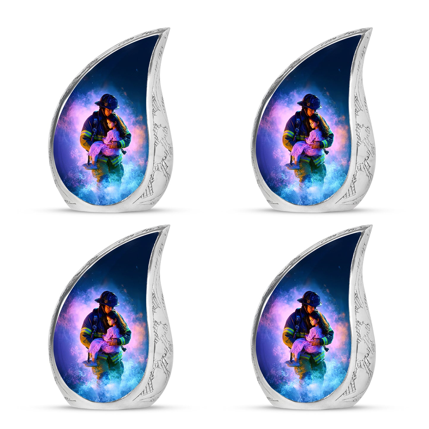 Misty Blue Firefighter Cremation Urn close-up of engraving and surface detail - flowing teardrop firefighter silhouette on curved aluminum - 10 inch aluminum urn for cremated remains