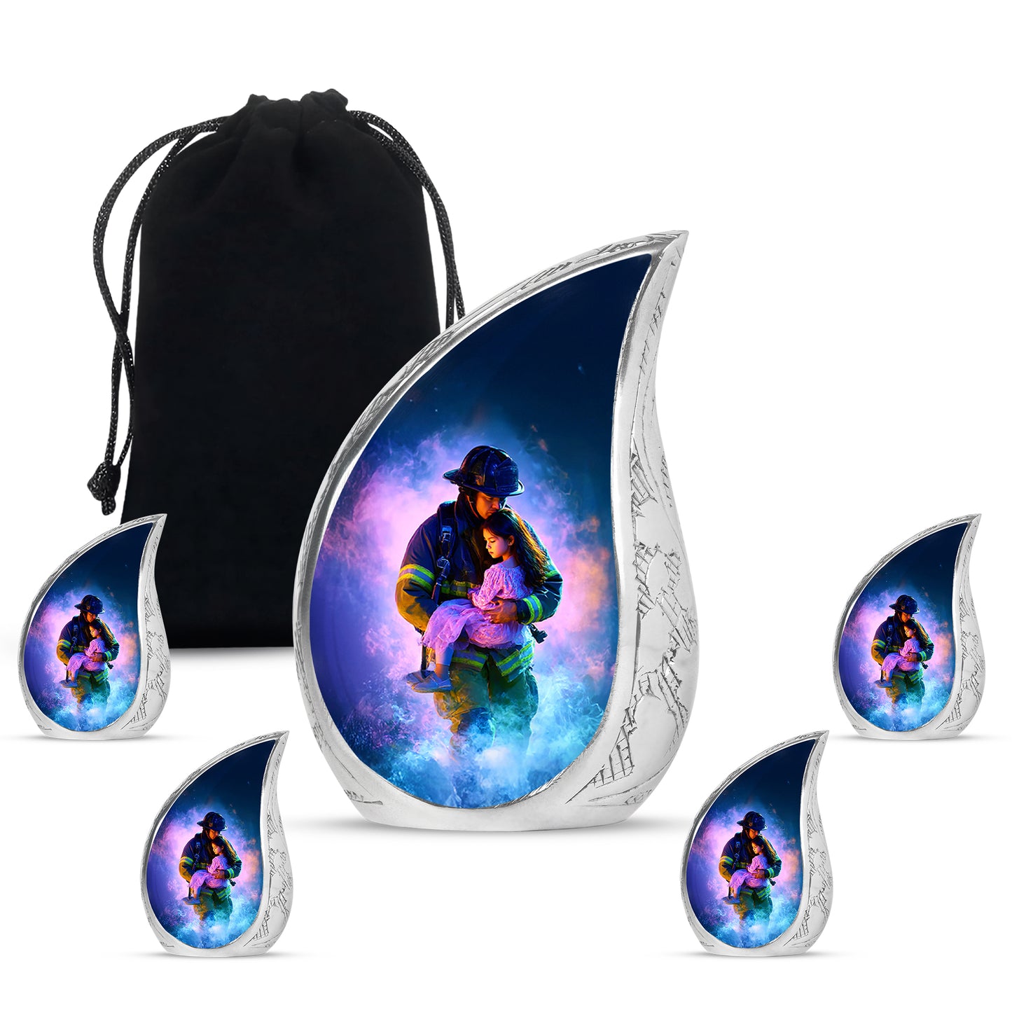 Soft Blue Firefighter Cremation Urn side profile showing urn shape - graceful tear-shaped urn with firefighter motif - memorial set with one large and four small urns