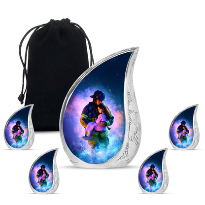Soft Blue Firefighter Cremation Urn side profile showing urn shape - graceful tear-shaped urn with firefighter motif - memorial set with one large and four small urns