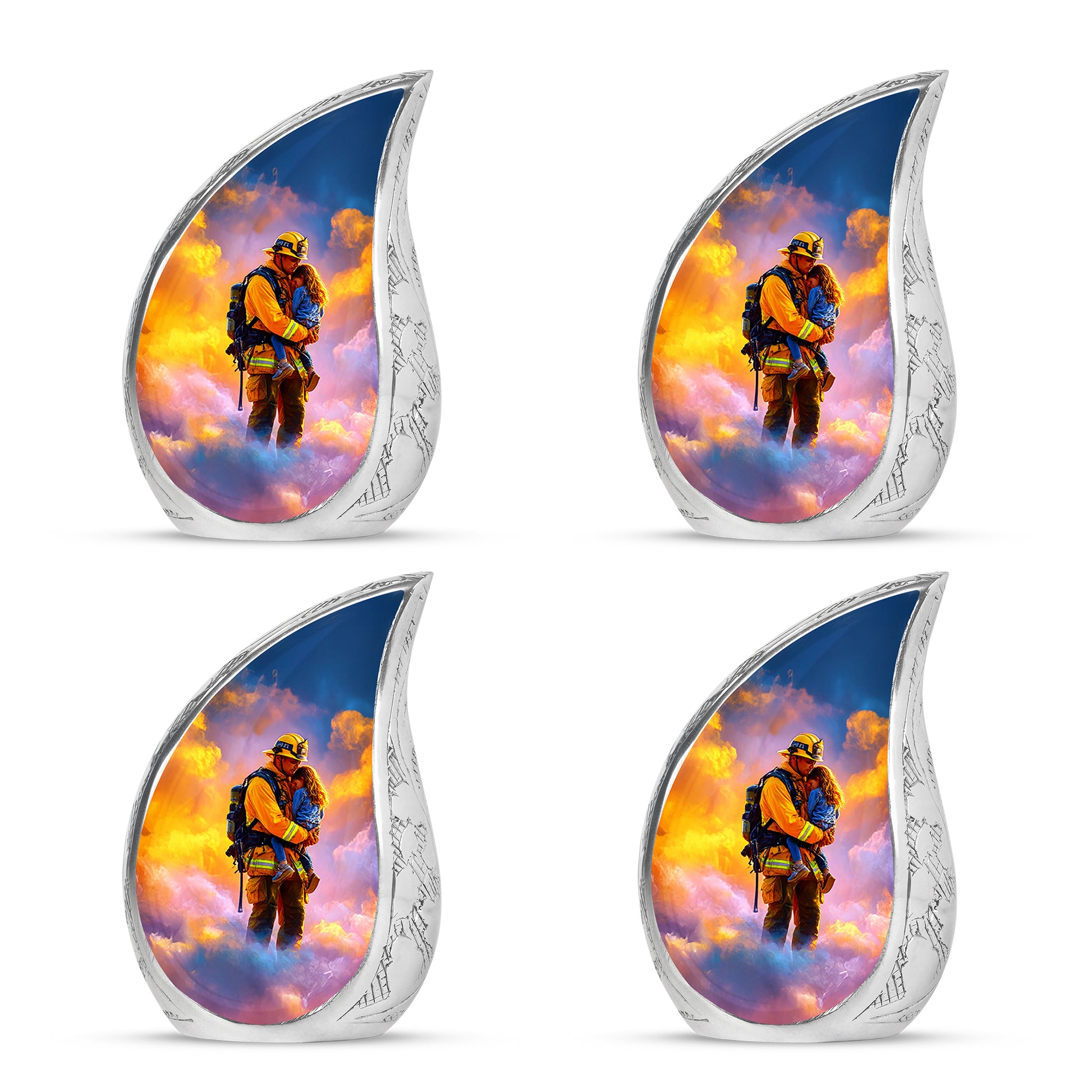 Azure Firefighter Cremation Urn close-up of engraving and surface detail - flowing teardrop firefighter silhouette on curved aluminum - 10 inch aluminum urn for cremated remains