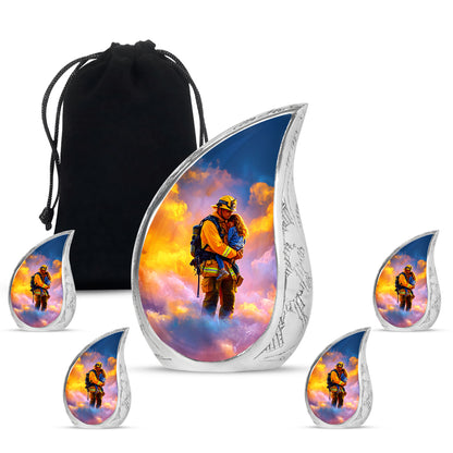 Steel Blue Firefighter Cremation Urn side profile showing urn shape - graceful tear-shaped urn with firefighter motif - memorial set with one large and four small urns