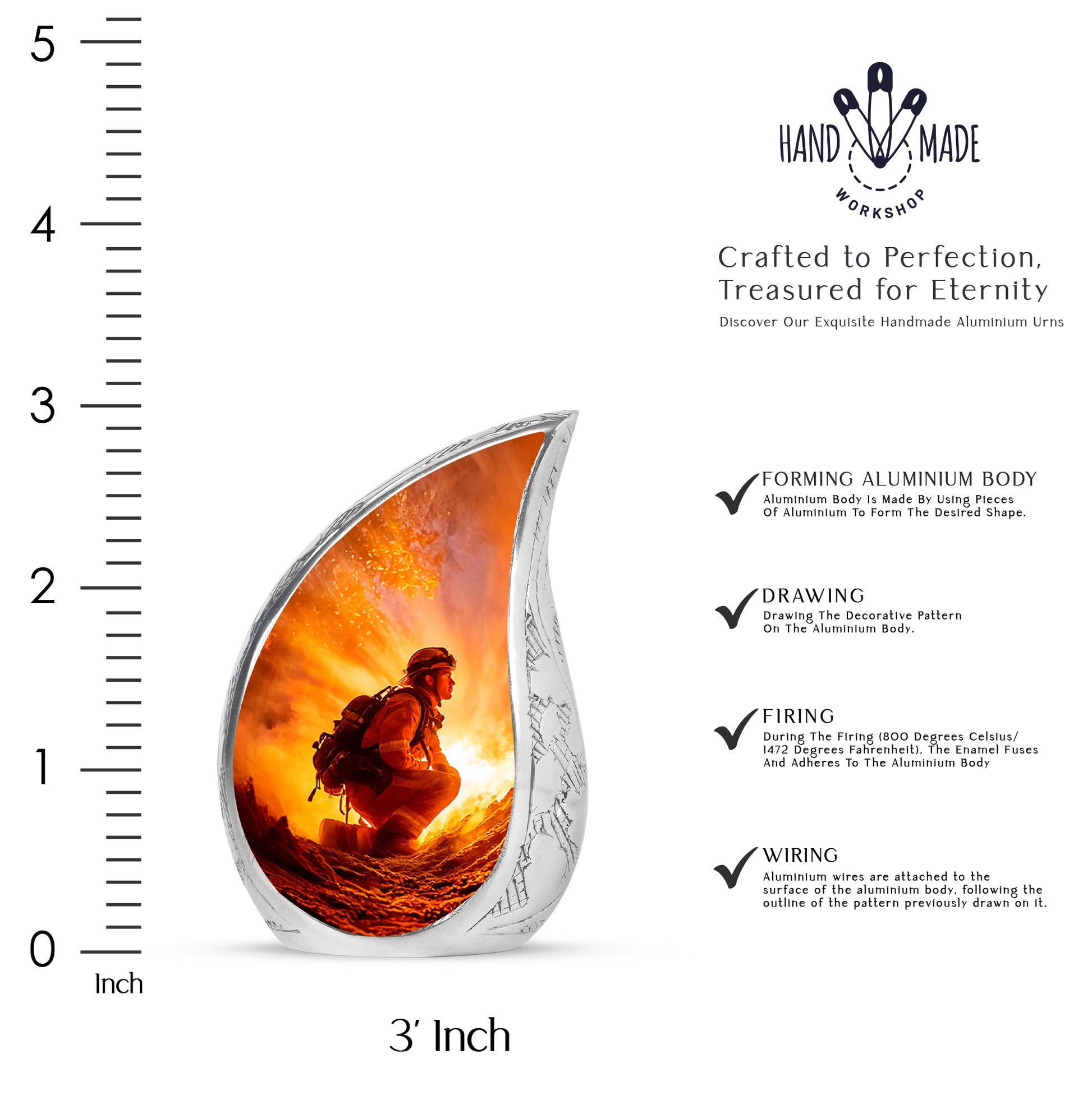 Ruby Red Firefighter Cremation Urn angled view of lid and engraved motif - smooth teardrop contour featuring firefighter art - mini keepsake memorial for portion of cremation ashes