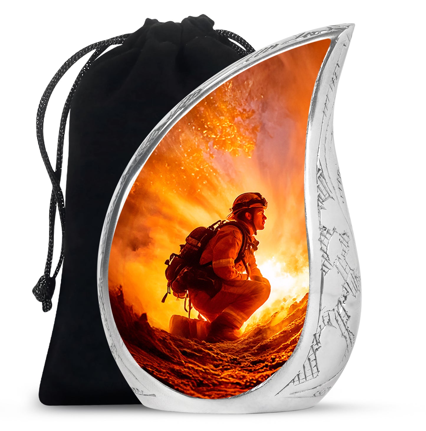Rich Red Firefighter Cremation Urn front view showing detailed design - smooth teardrop contour featuring firefighter art - full-size 10 inch 200 cubic inch adult cremation urn