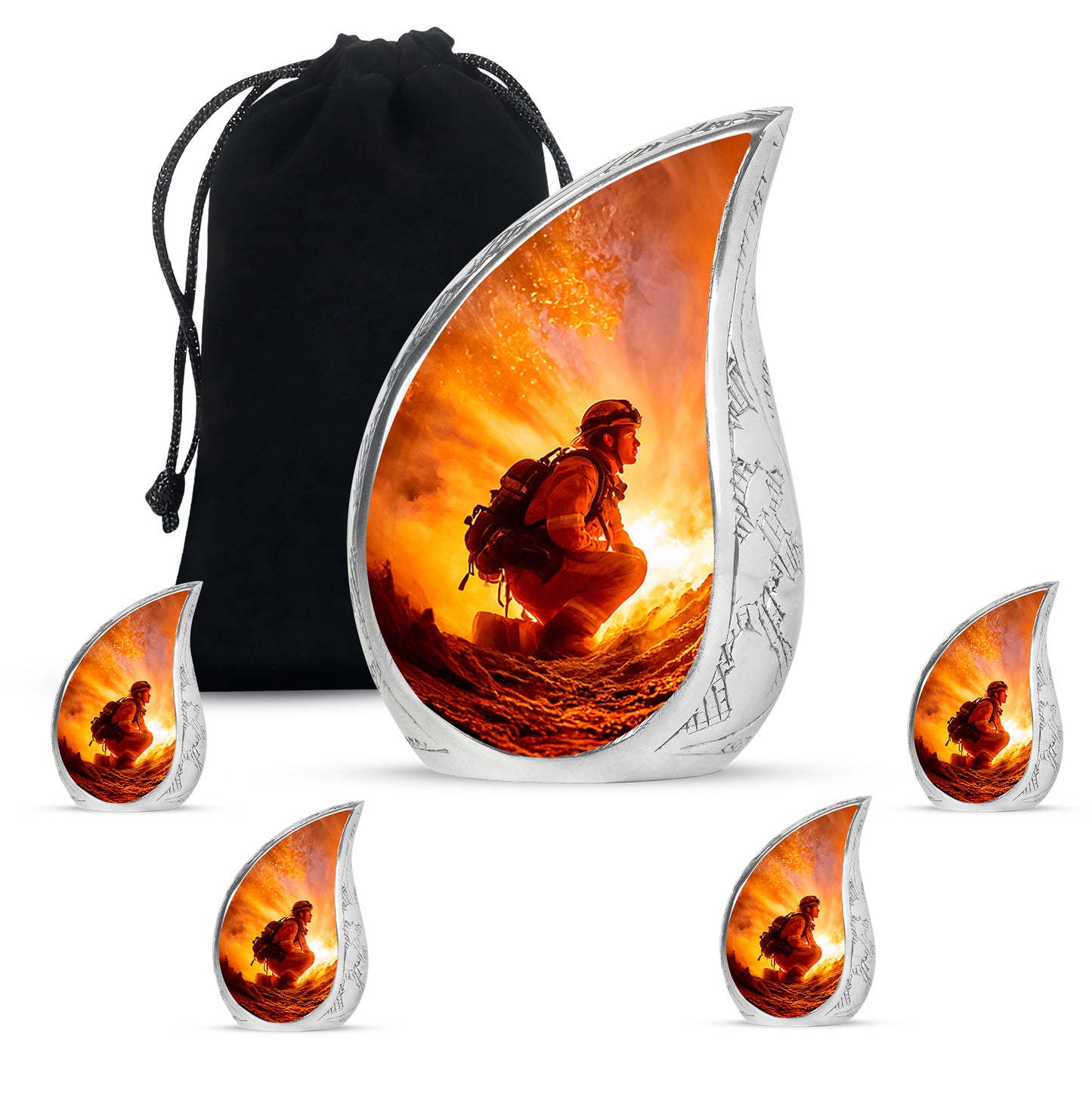 Garnet Red Firefighter Cremation Urn side profile showing urn shape - flowing teardrop firefighter silhouette on curved aluminum - memorial set with one large and four small urns