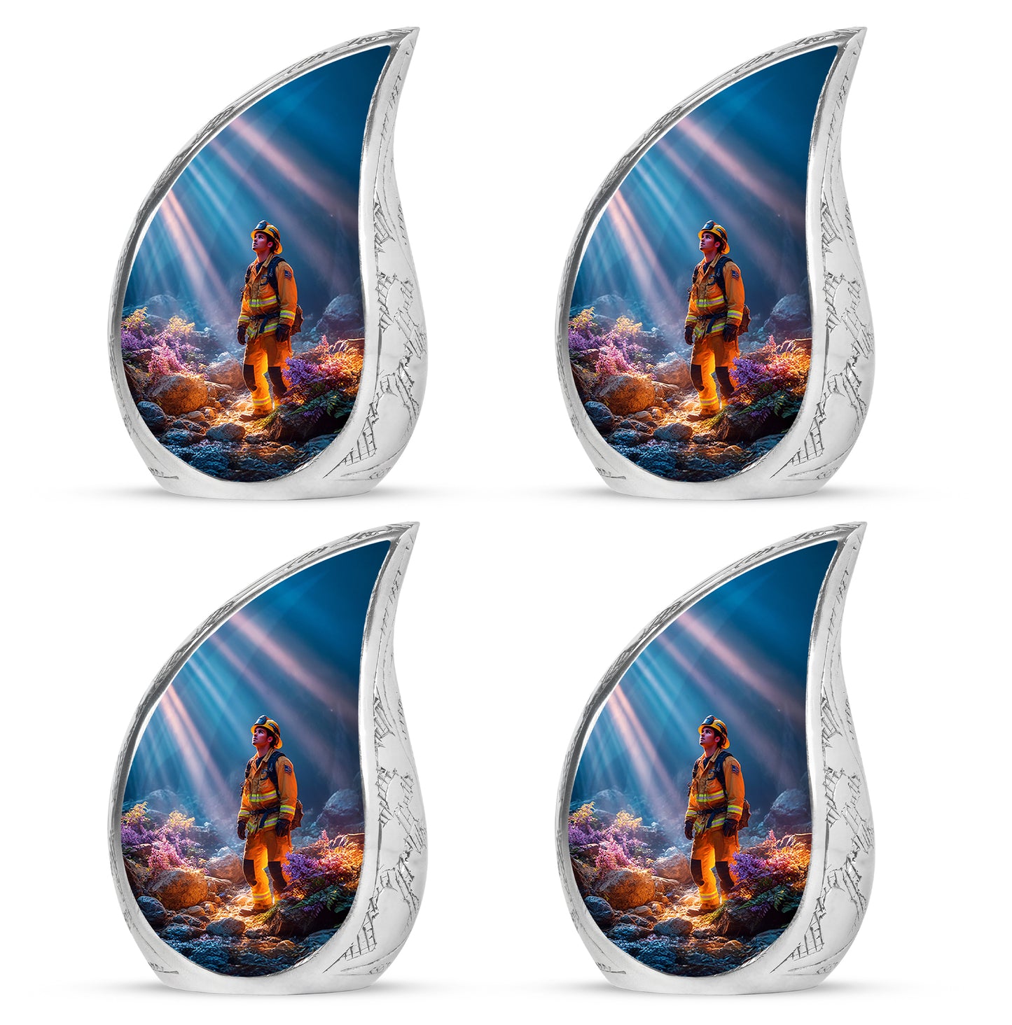 Powder Blue Firefighter Cremation Urn close-up of engraving and surface detail - flowing teardrop firefighter silhouette on curved aluminum - 10 inch aluminum urn for cremated remains