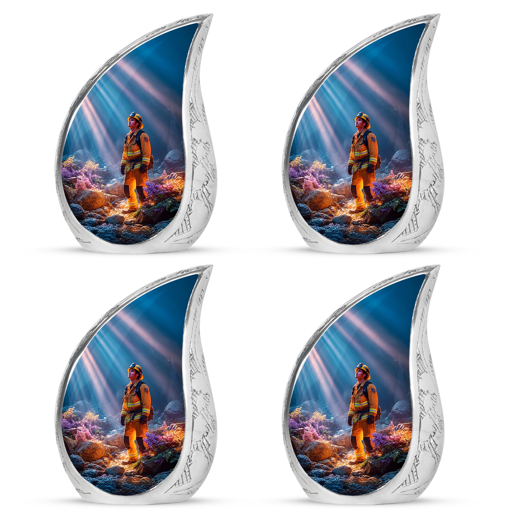 Powder Blue Firefighter Cremation Urn close-up of engraving and surface detail - flowing teardrop firefighter silhouette on curved aluminum - 10 inch aluminum urn for cremated remains