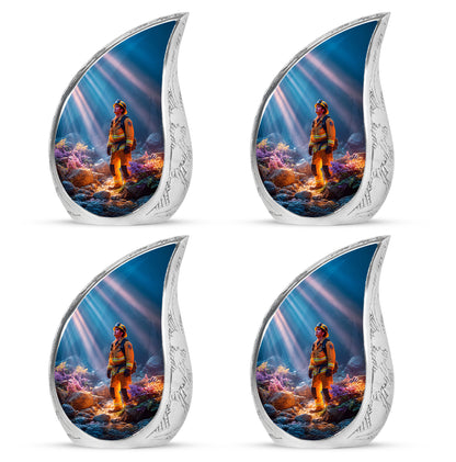 Powder Blue Firefighter Cremation Urn close-up of engraving and surface detail - flowing teardrop firefighter silhouette on curved aluminum - 10 inch aluminum urn for cremated remains