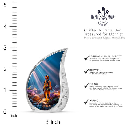 Calming Blue Firefighter Cremation Urn angled view of lid and engraved motif - graceful tear-shaped urn with firefighter motif - mini keepsake memorial for portion of cremation ashes
