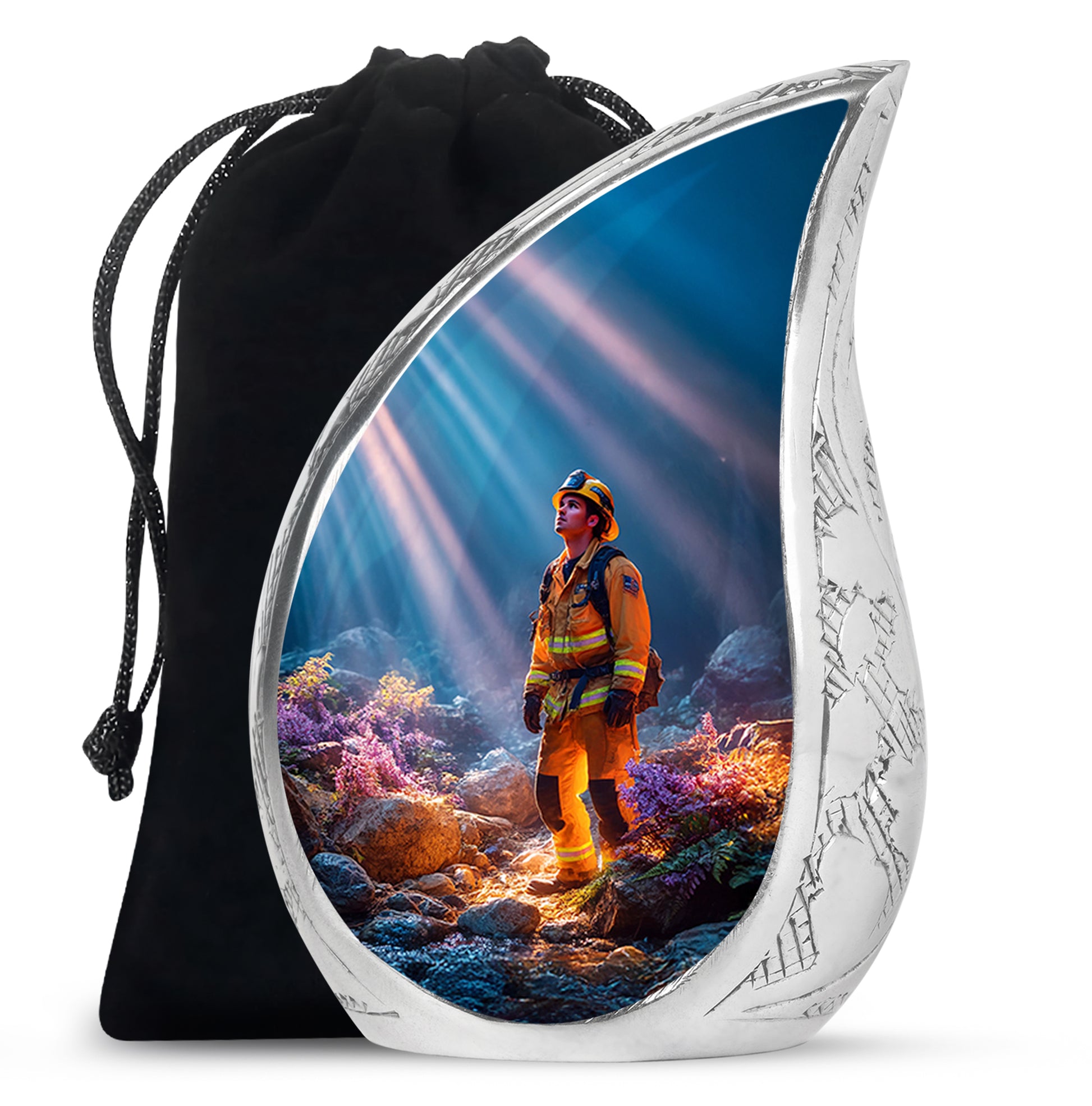 Azure Firefighter Cremation Urn front view showing detailed design - rounded teardrop firefighter design with delicate detail - full-size 10 inch 200 cubic inch adult cremation urn