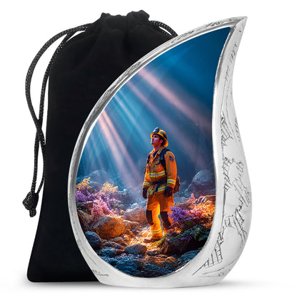 Azure Firefighter Cremation Urn front view showing detailed design - rounded teardrop firefighter design with delicate detail - full-size 10 inch 200 cubic inch adult cremation urn