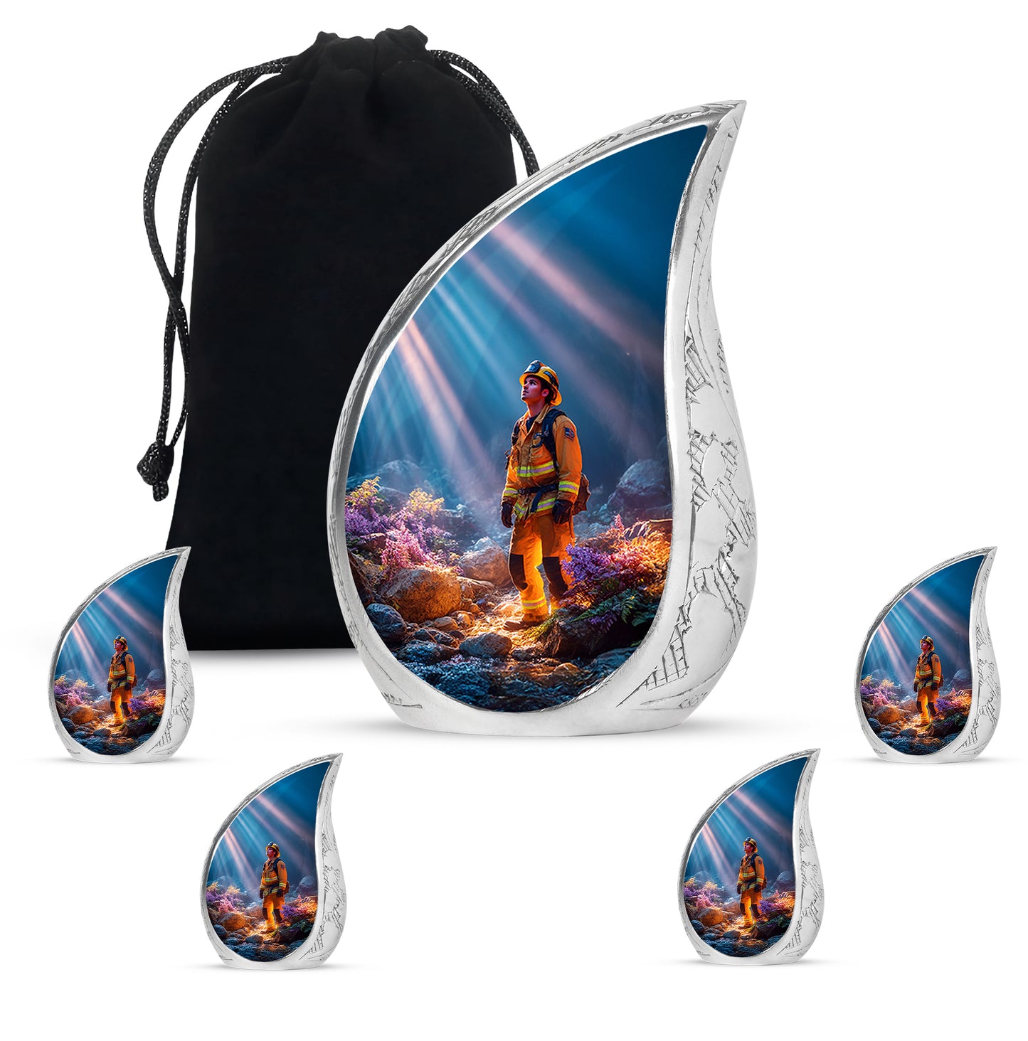 Bright Blue Firefighter Cremation Urn side profile showing urn shape - graceful tear-shaped urn with firefighter motif - memorial set with one large and four small urns