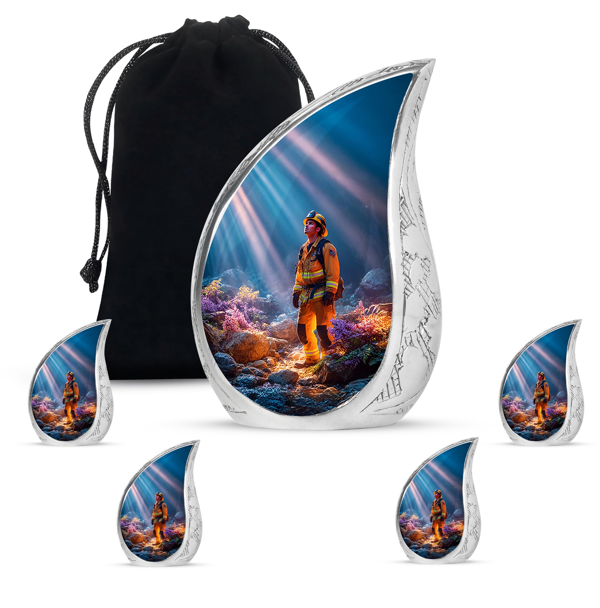 Bright Blue Firefighter Cremation Urn side profile showing urn shape - graceful tear-shaped urn with firefighter motif - memorial set with one large and four small urns