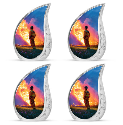Misty Blue Firefighter Cremation Urn close-up of engraving and surface detail - rounded teardrop firefighter design with delicate detail - 10 inch aluminum urn for cremated remains