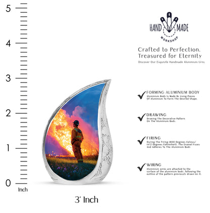 Royal Blue Firefighter Cremation Urn angled view of lid and engraved motif - smooth teardrop contour featuring firefighter art - mini keepsake memorial for portion of cremation ashes