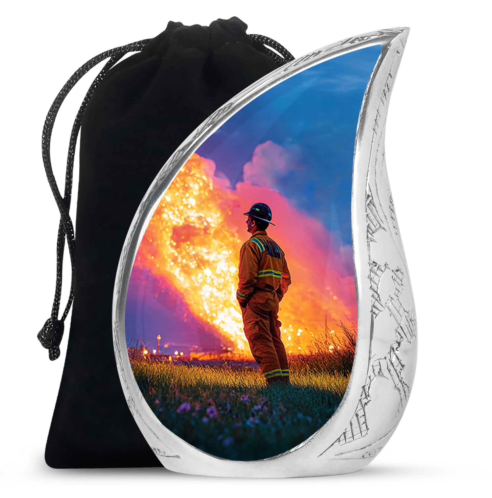 Powder Blue Firefighter Cremation Urn front view showing detailed design - flowing teardrop firefighter silhouette on curved aluminum - full-size 10 inch 200 cubic inch adult cremation urn
