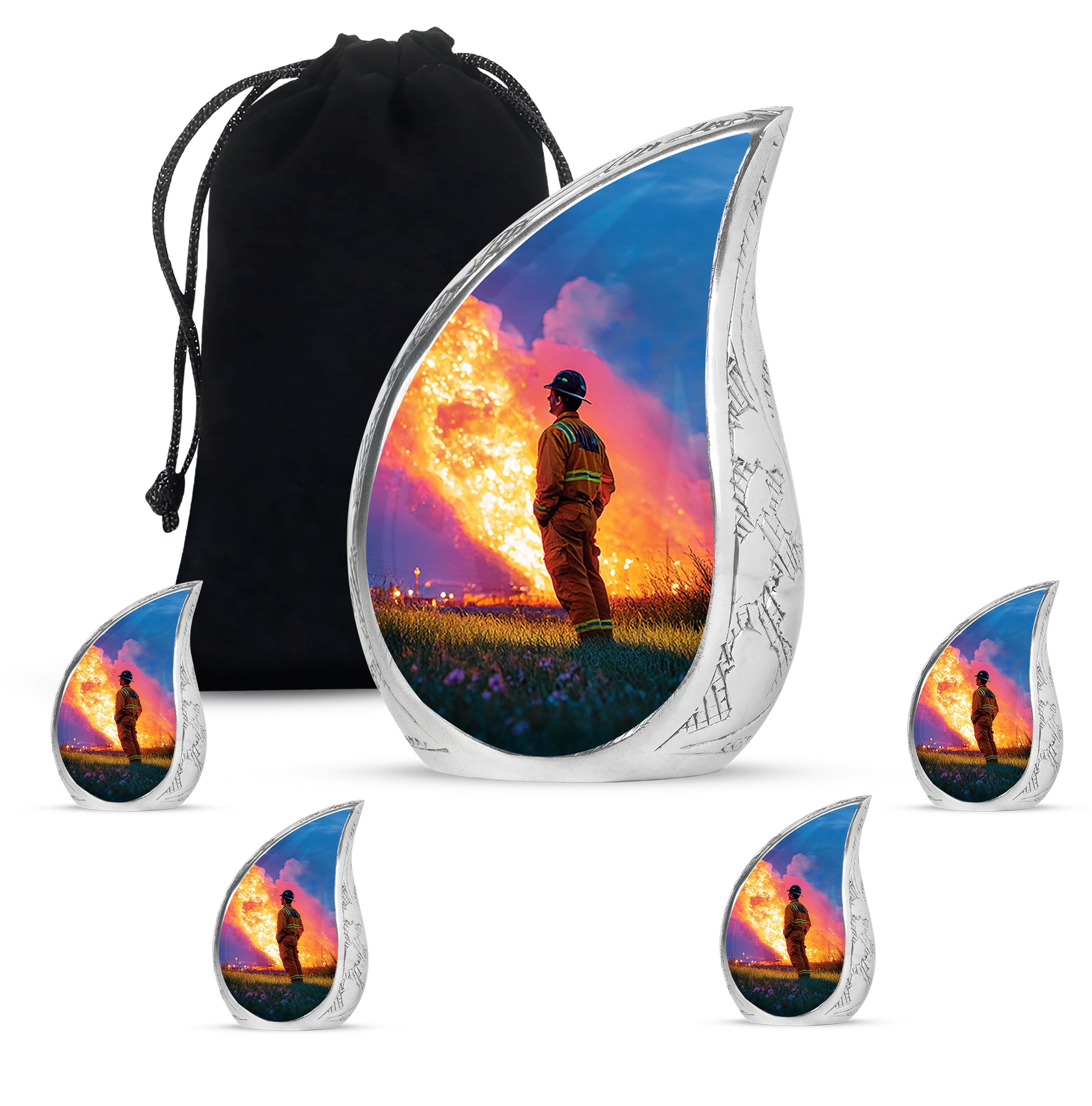 Cornflower Blue Firefighter Cremation Urn side profile showing urn shape - smooth teardrop contour featuring firefighter art - memorial set with one large and four small urns