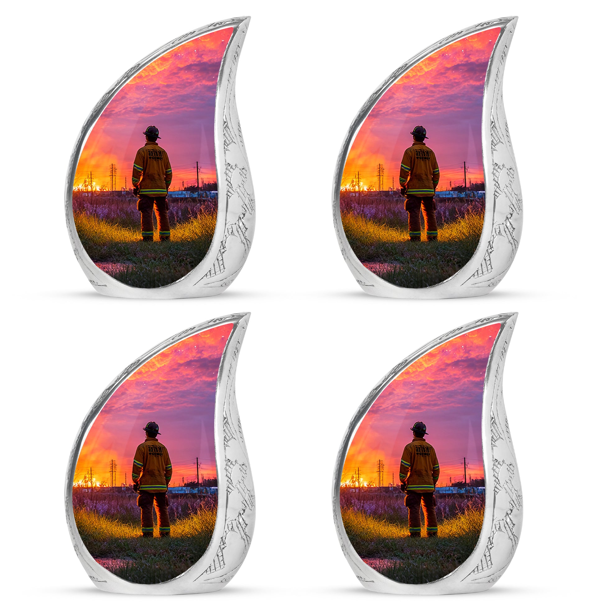 Grape Purple Firefighter Cremation Urn close-up of engraving and surface detail - smooth teardrop contour featuring firefighter art - 10 inch aluminum urn for cremated remains
