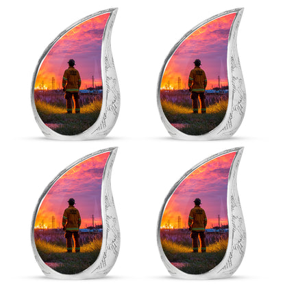 Grape Purple Firefighter Cremation Urn close-up of engraving and surface detail - smooth teardrop contour featuring firefighter art - 10 inch aluminum urn for cremated remains
