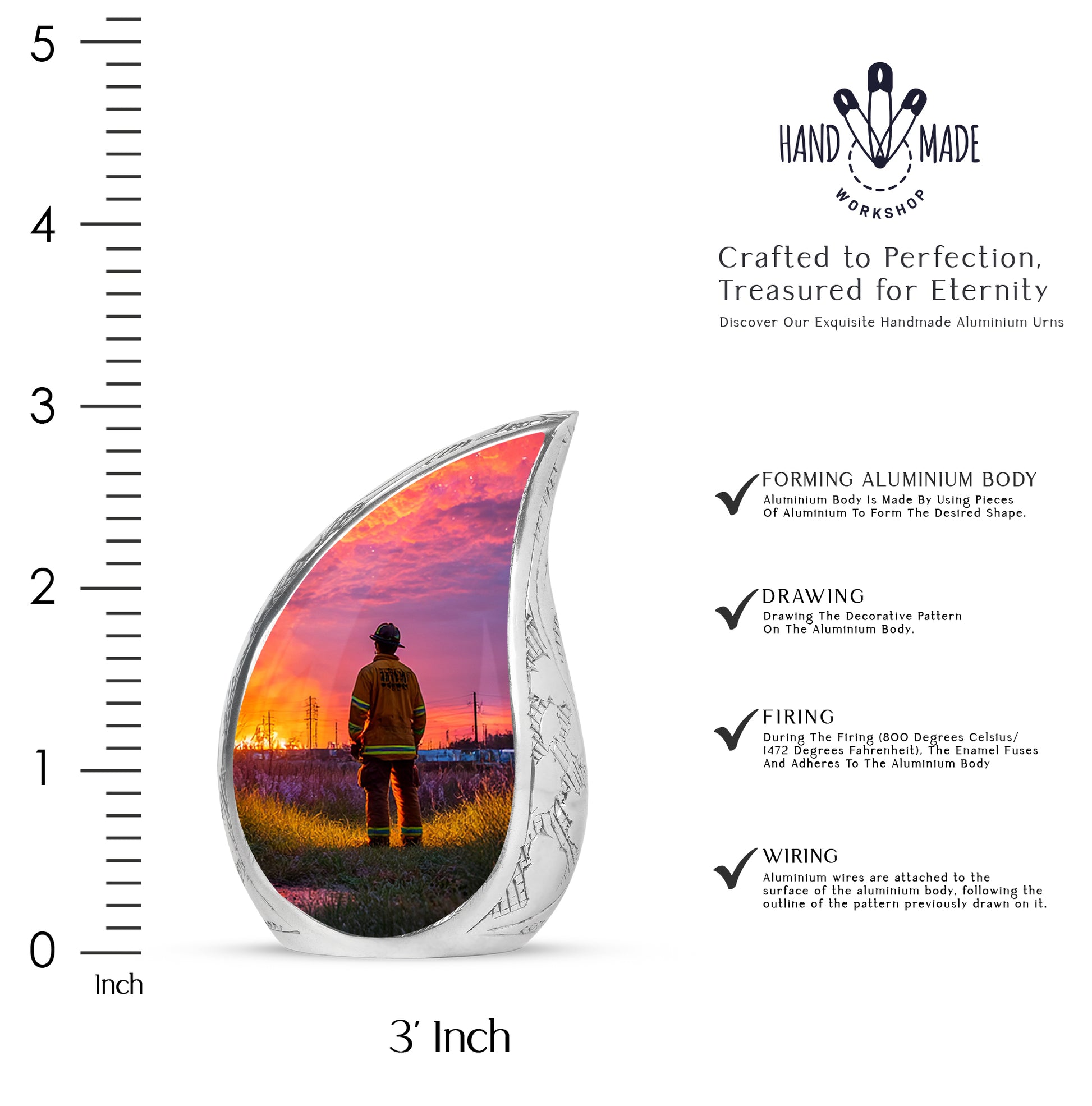 Violet Purple Firefighter Cremation Urn angled view of lid and engraved motif - graceful tear-shaped urn with firefighter motif - mini keepsake memorial for portion of cremation ashes