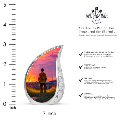Violet Purple Firefighter Cremation Urn angled view of lid and engraved motif - graceful tear-shaped urn with firefighter motif - mini keepsake memorial for portion of cremation ashes