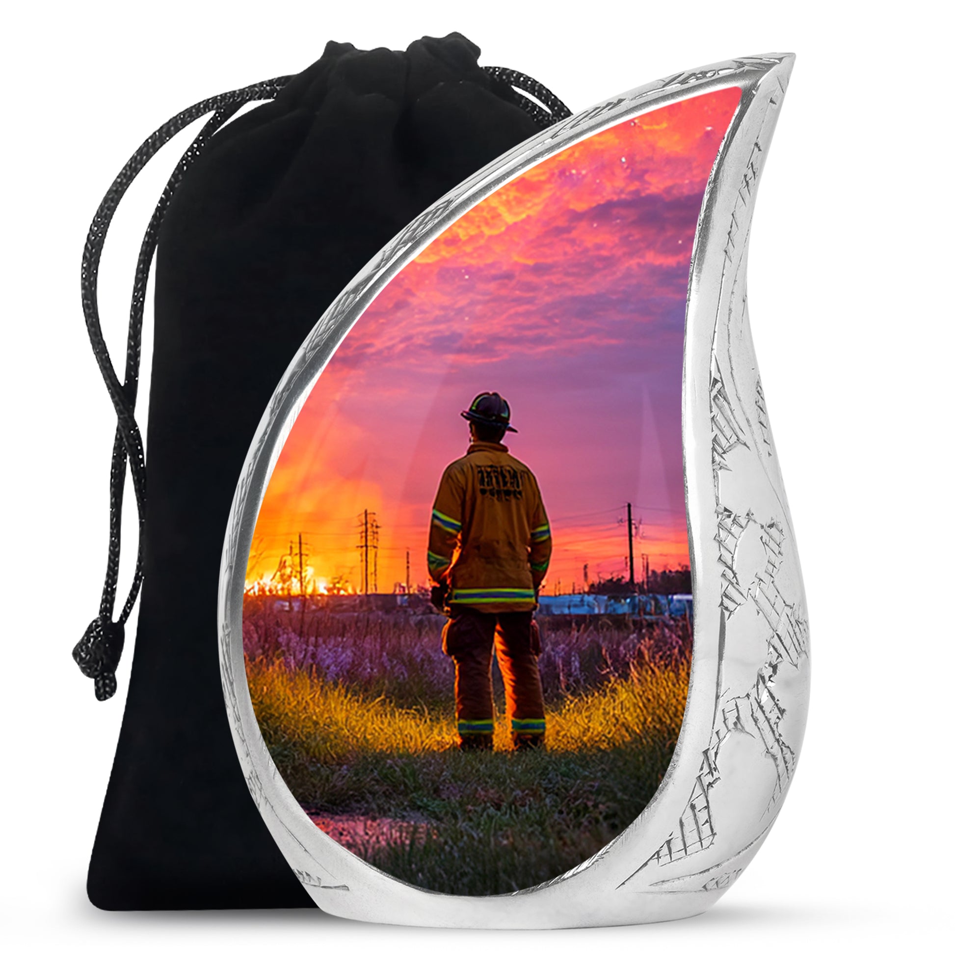Amethyst Purple Firefighter Cremation Urn front view showing detailed design - flowing teardrop firefighter silhouette on curved aluminum - full-size 10 inch 200 cubic inch adult cremation urn