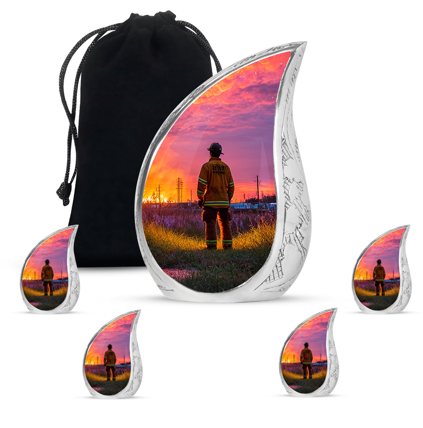 Royal Purple Firefighter Cremation Urn side profile showing urn shape - smooth teardrop contour featuring firefighter art - memorial set with one large and four small urns