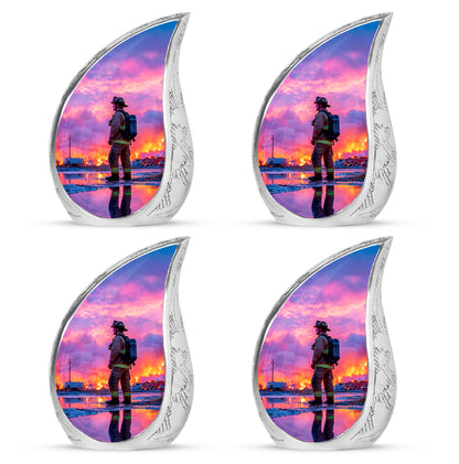 Misty Blue Firefighter Cremation Urn close-up of engraving and surface detail - flowing teardrop firefighter silhouette on curved aluminum - 10 inch aluminum urn for cremated remains