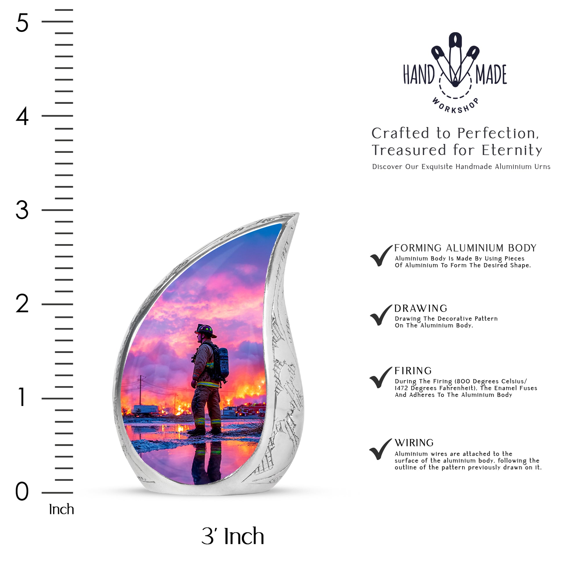 Azure Firefighter Cremation Urn angled view of lid and engraved motif - rounded teardrop firefighter design with delicate detail - mini keepsake memorial for portion of cremation ashes