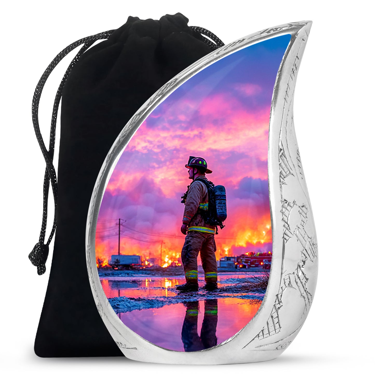 Sapphire Blue Firefighter Cremation Urn front view showing detailed design - smooth teardrop contour featuring firefighter art - full-size 10 inch 200 cubic inch adult cremation urn