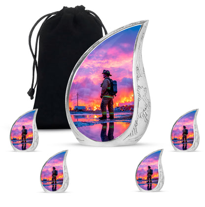 Celestial Blue Firefighter Cremation Urn side profile showing urn shape - flowing teardrop firefighter silhouette on curved aluminum - memorial set with one large and four small urns