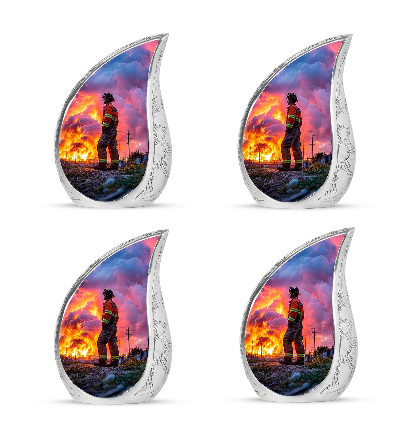 Indigo Firefighter Cremation Urn close-up of engraving and surface detail - flowing teardrop firefighter silhouette on curved aluminum - 10 inch aluminum urn for cremated remains