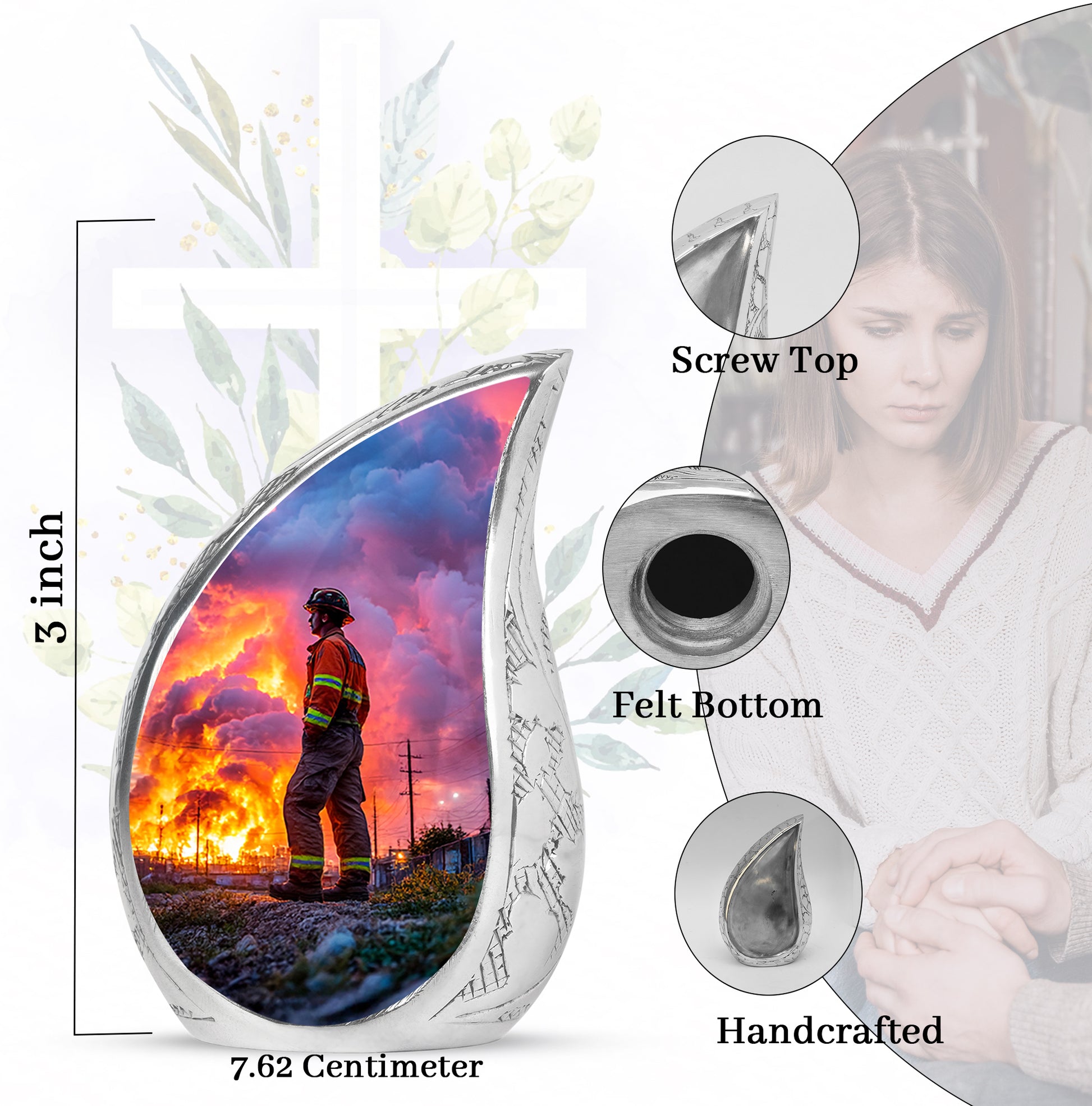 Cornflower Blue Firefighter Cremation Urn angled view of lid and engraved motif - smooth teardrop contour featuring firefighter art - mini keepsake memorial for portion of cremation ashes