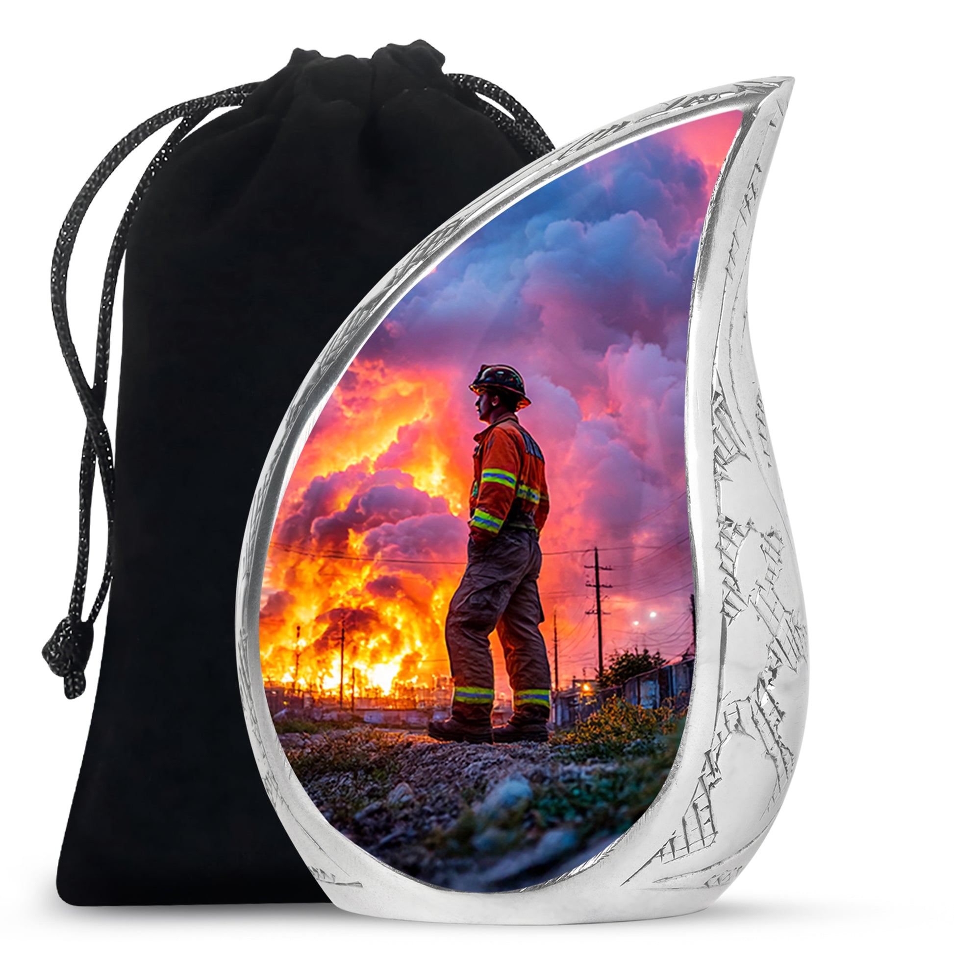 Calming Blue Firefighter Cremation Urn front view showing detailed design - smooth teardrop contour featuring firefighter art - full-size 10 inch 200 cubic inch adult cremation urn