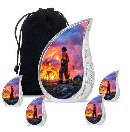 Twilight Blue Firefighter Cremation Urn side profile showing urn shape - smooth teardrop contour featuring firefighter art - memorial set with one large and four small urns