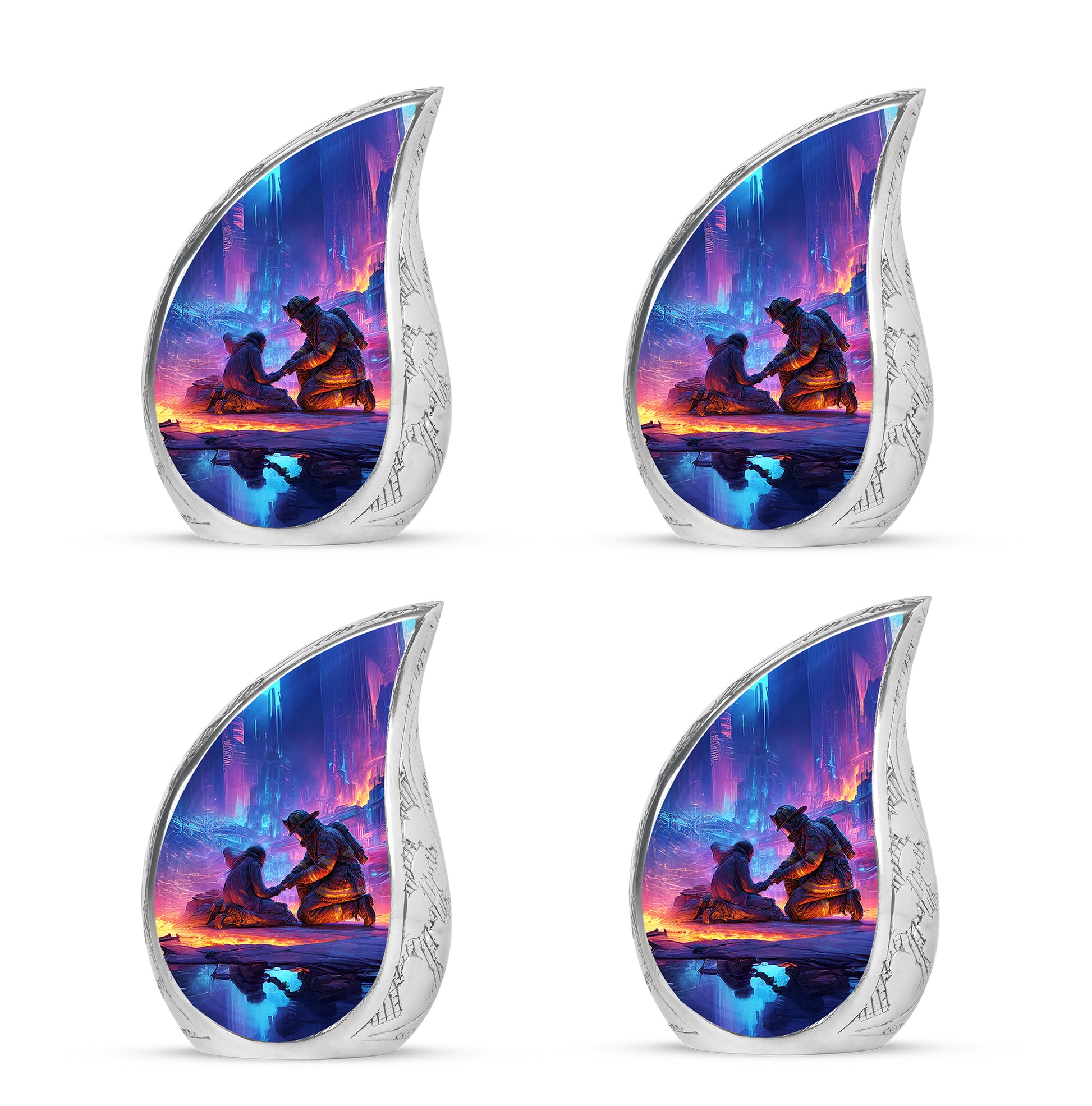 Sky Blue Firefighter Cremation Urn close-up of engraving and surface detail - rounded teardrop firefighter design with delicate detail - 10 inch aluminum urn for cremated remains
