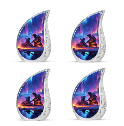 Sky Blue Firefighter Cremation Urn close-up of engraving and surface detail - rounded teardrop firefighter design with delicate detail - 10 inch aluminum urn for cremated remains