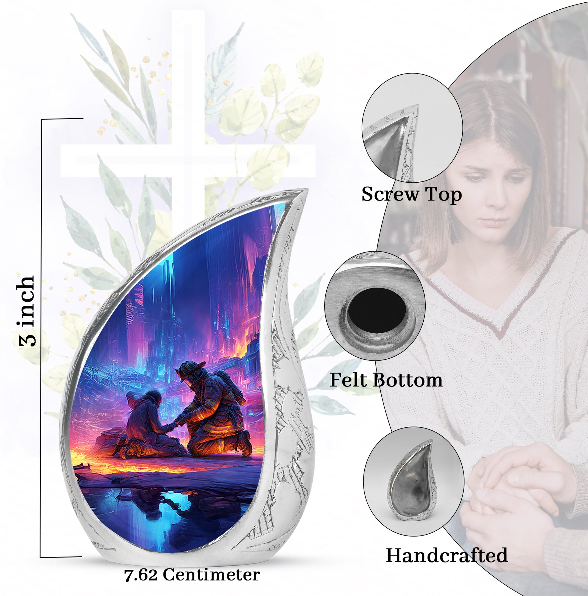 Icy Blue Firefighter Cremation Urn angled view of lid and engraved motif - flowing teardrop firefighter silhouette on curved aluminum - mini keepsake memorial for portion of cremation ashes
