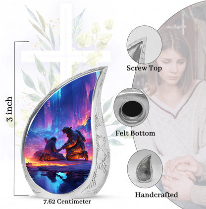 Icy Blue Firefighter Cremation Urn angled view of lid and engraved motif - flowing teardrop firefighter silhouette on curved aluminum - mini keepsake memorial for portion of cremation ashes