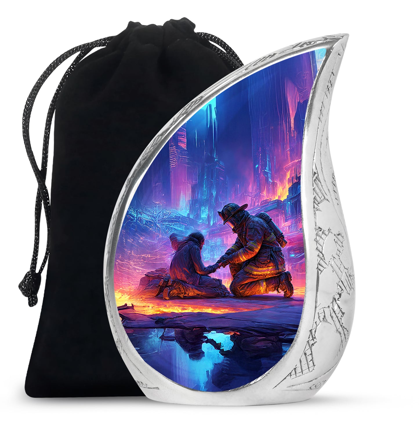 Navy Blue Firefighter Cremation Urn front view showing detailed design - flowing teardrop firefighter silhouette on curved aluminum - full-size 10 inch 200 cubic inch adult cremation urn