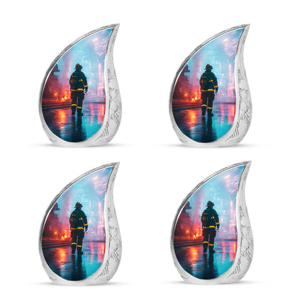 Dusty Blue Firefighter Cremation Urn close-up of engraving and surface detail - rounded teardrop firefighter design with delicate detail - 10 inch aluminum urn for cremated remains