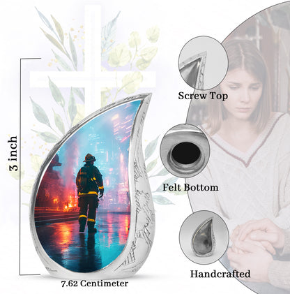 Royal Blue Firefighter Cremation Urn angled view of lid and engraved motif - smooth teardrop contour featuring firefighter art - mini keepsake memorial for portion of cremation ashes