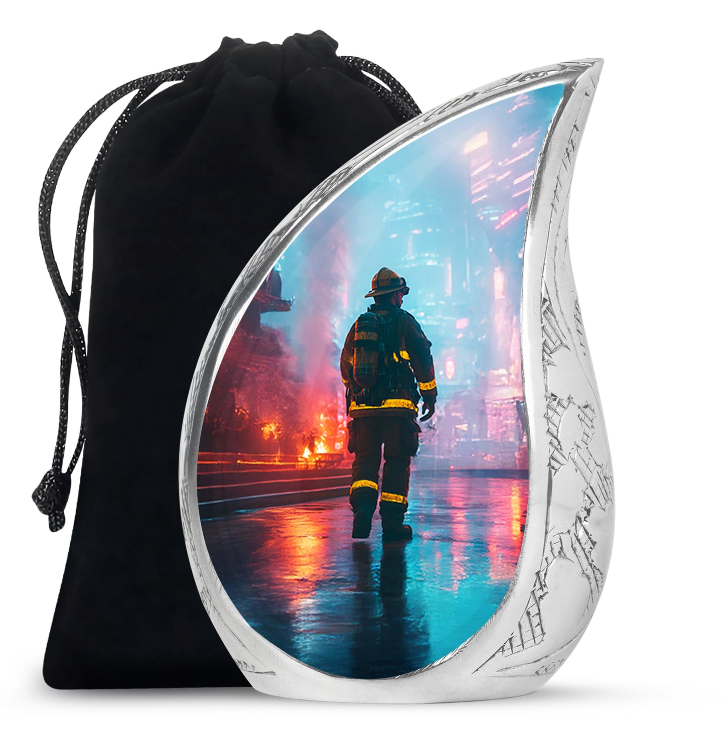 Indigo Firefighter Cremation Urn front view showing detailed design - flowing teardrop firefighter silhouette on curved aluminum - full-size 10 inch 200 cubic inch adult cremation urn