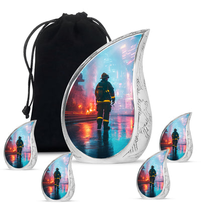 Serene Blue Firefighter Cremation Urn side profile showing urn shape - smooth teardrop contour featuring firefighter art - memorial set with one large and four small urns