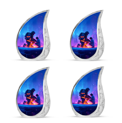 Serene Blue Firefighter Cremation Urn close-up of engraving and surface detail - smooth teardrop contour featuring firefighter art - 10 inch aluminum urn for cremated remains