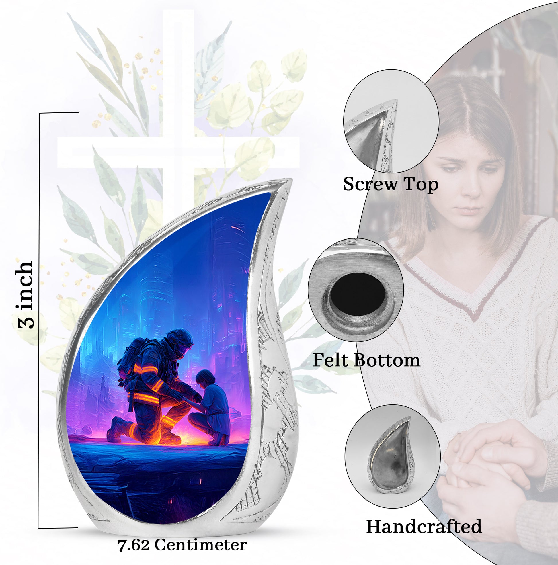 Royal Blue Firefighter Cremation Urn angled view of lid and engraved motif - smooth teardrop contour featuring firefighter art - mini keepsake memorial for portion of cremation ashes