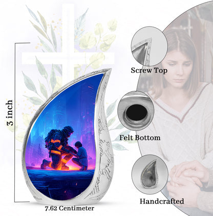 Royal Blue Firefighter Cremation Urn angled view of lid and engraved motif - smooth teardrop contour featuring firefighter art - mini keepsake memorial for portion of cremation ashes
