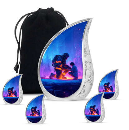 Pastel Blue Firefighter Cremation Urn side profile showing urn shape - flowing teardrop firefighter silhouette on curved aluminum - memorial set with one large and four small urns
