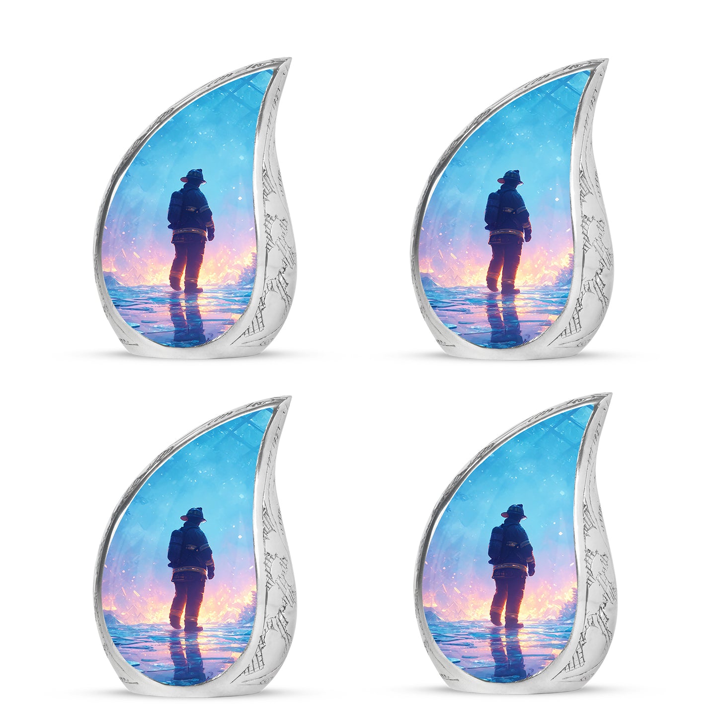 Serene Blue Firefighter Cremation Urn close-up of engraving and surface detail - smooth teardrop contour featuring firefighter art - 10 inch aluminum urn for cremated remains